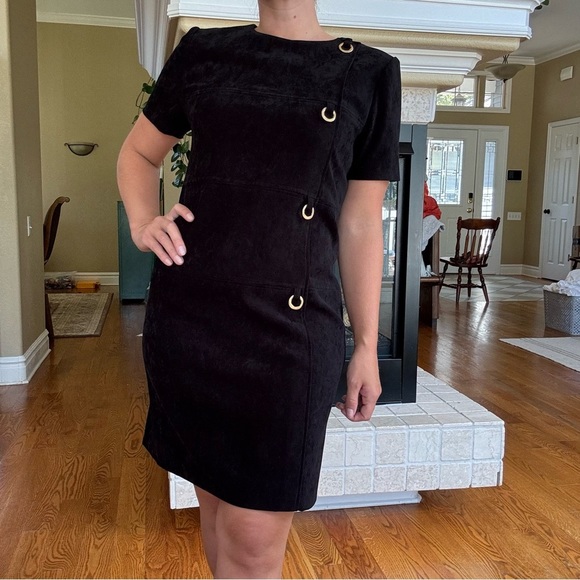 Vintage Black Faux Suede Sheath Dress with Gold Metal Hardware 90s Y2K - Picture 3 of 7